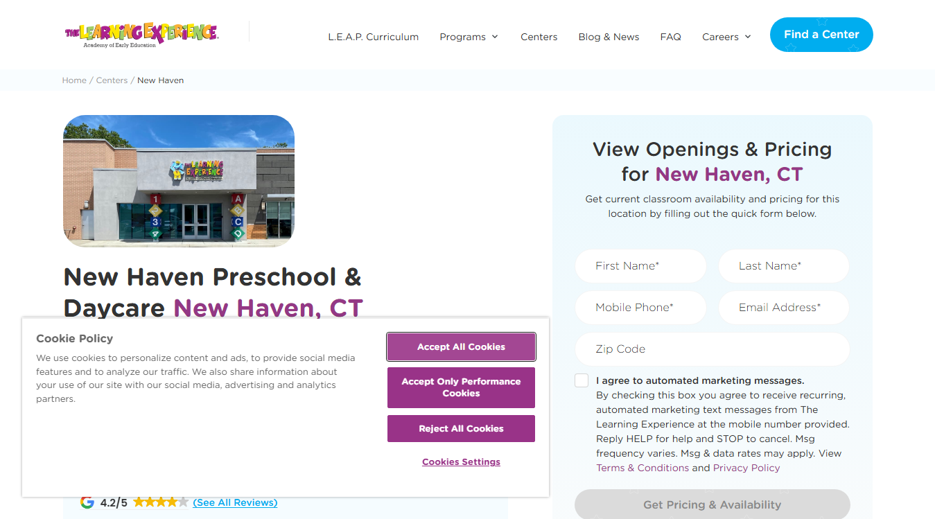 Website screenshot for The Learning Experience - New Haven