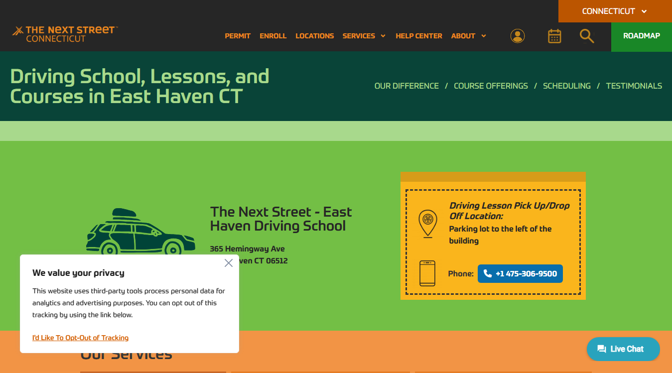Website screenshot for The Next Street - East Haven Driving School