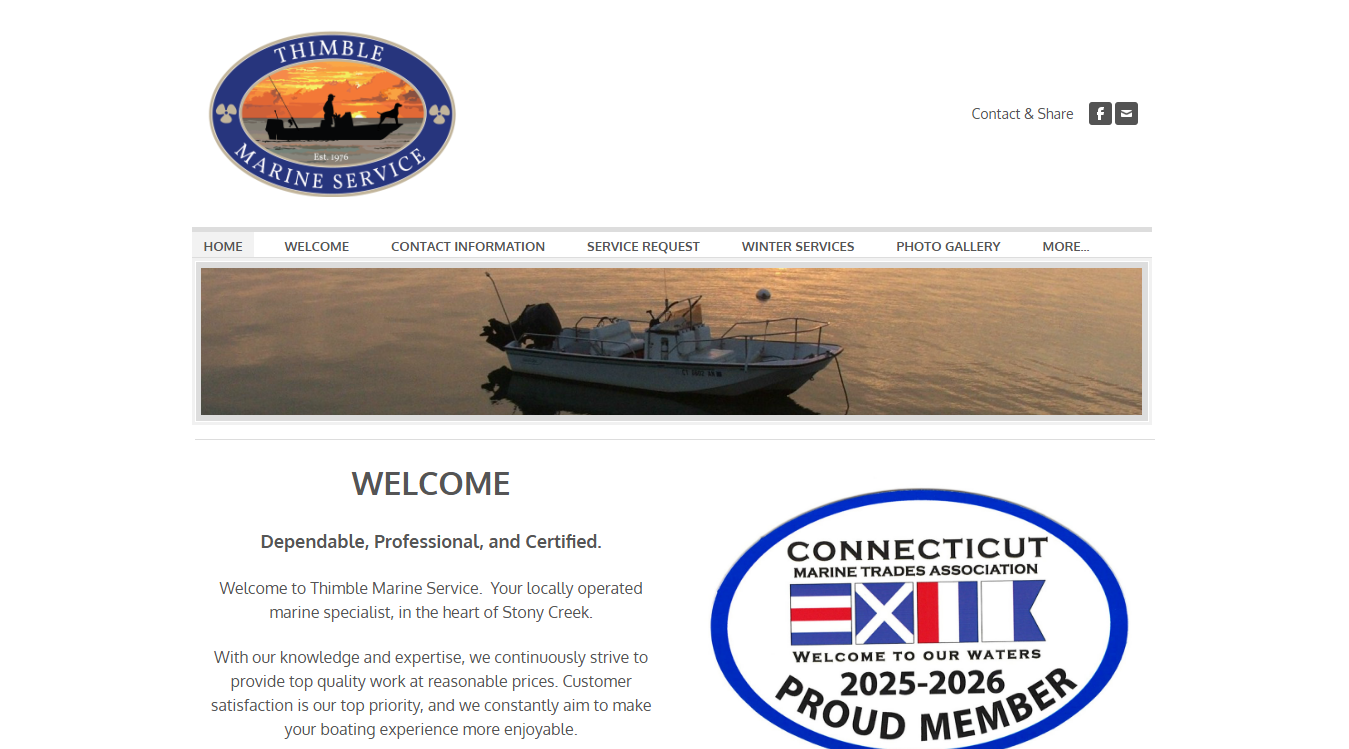 Website screenshot for Thimble Marine Service