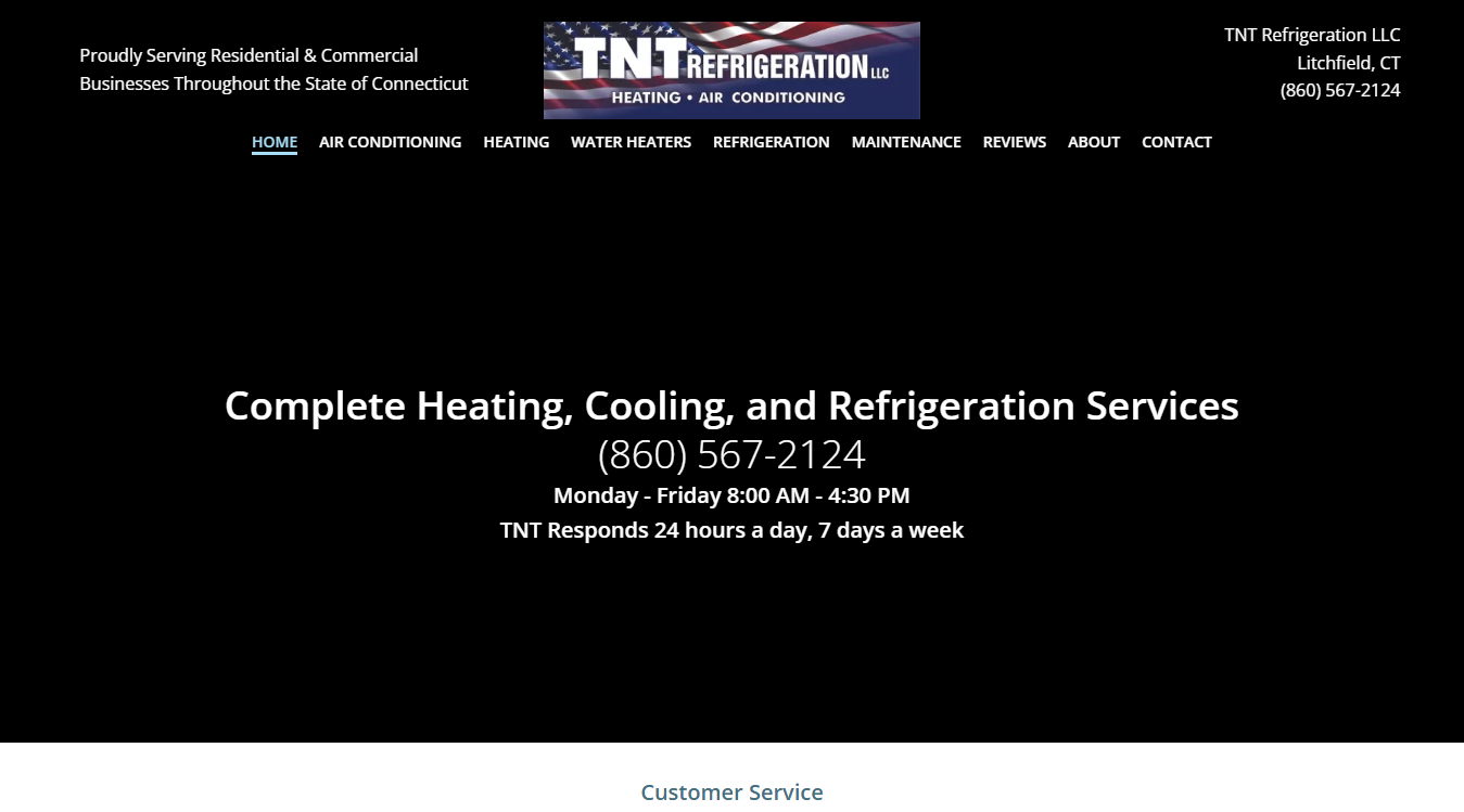 Website screenshot for TNT Refrigeration, LLC