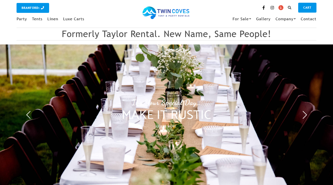 Website screenshot for Twin Coves Tent & Party Rentals (formerly Taylor Rental)