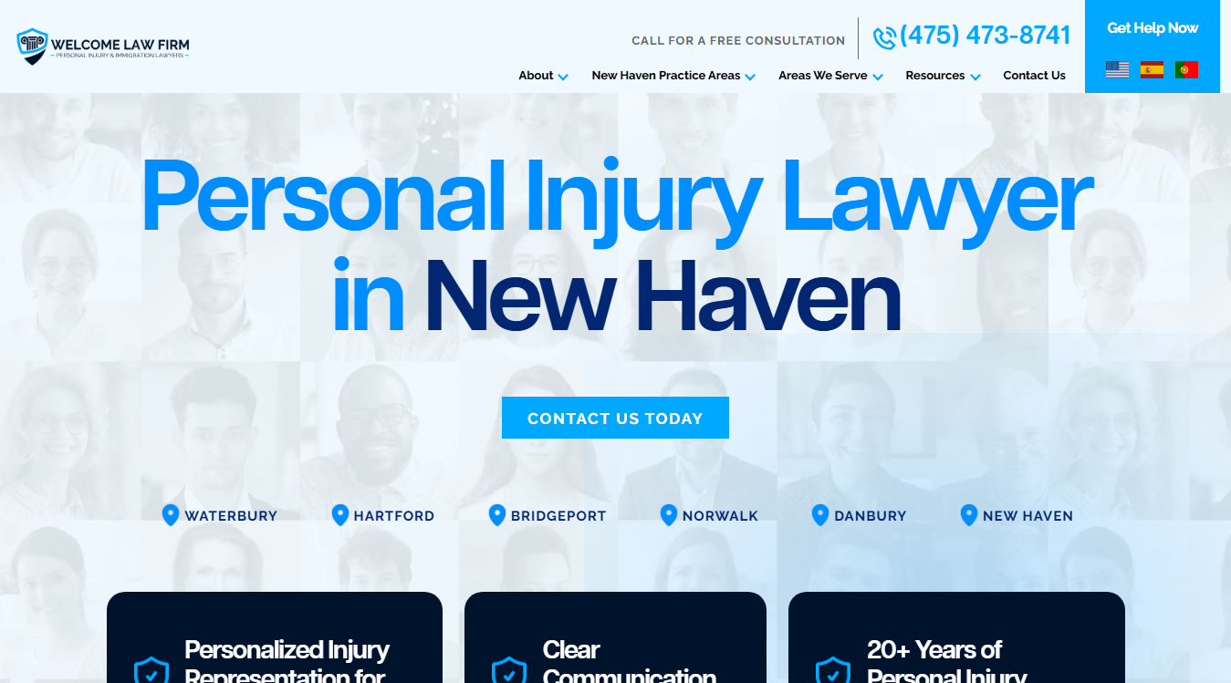 Website screenshot for Welcome Law Firm: New Haven Personal Injury & Immigration Lawyer