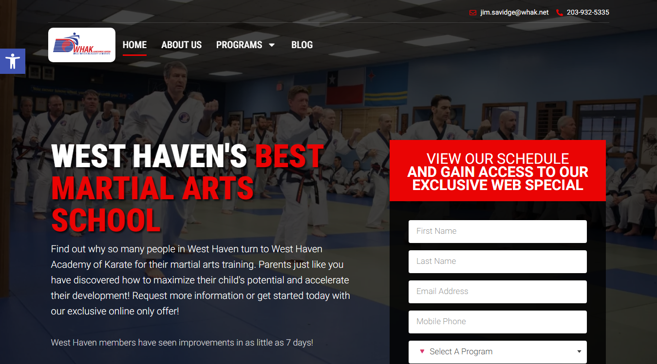 Website screenshot for West Haven Academy of Karate