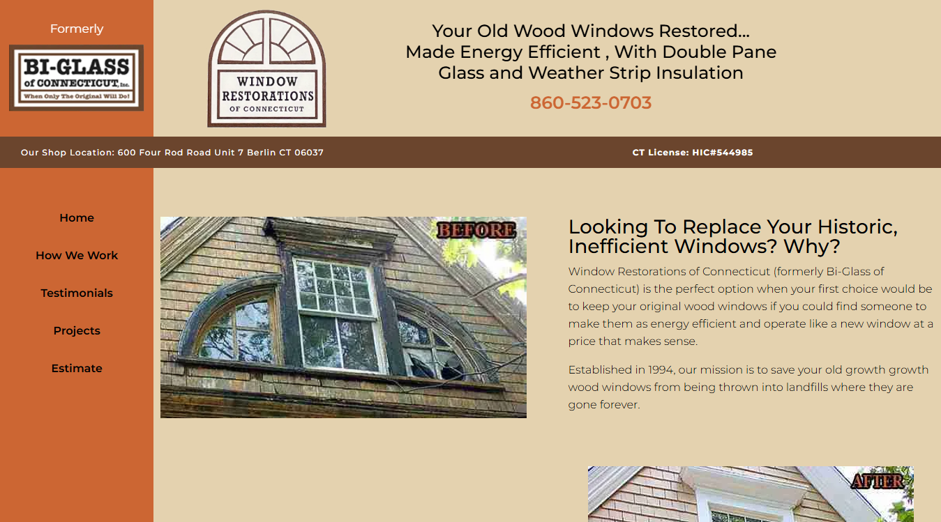 Website screenshot for Window Restorations of Connecticut - formerly Bi-Glass of Connecticut