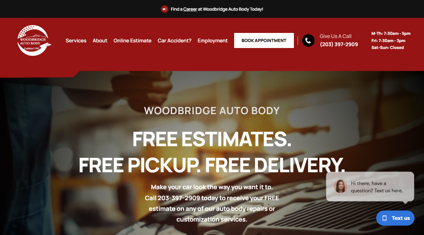 Website screenshot for Woodbridge Auto Body