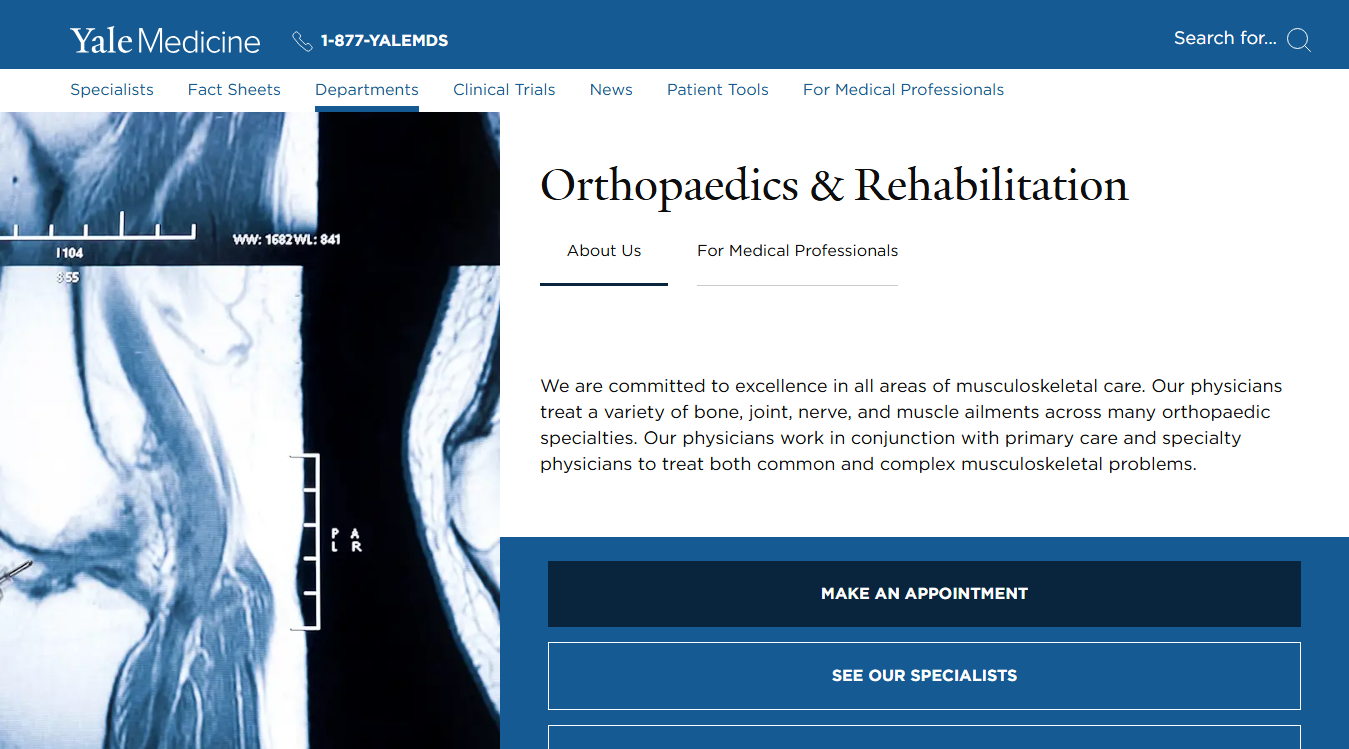 Website screenshot for Yale Medicine Orthopaedics and Rehabilitation