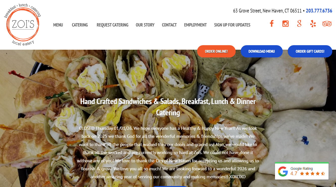 Website screenshot for Zoi's